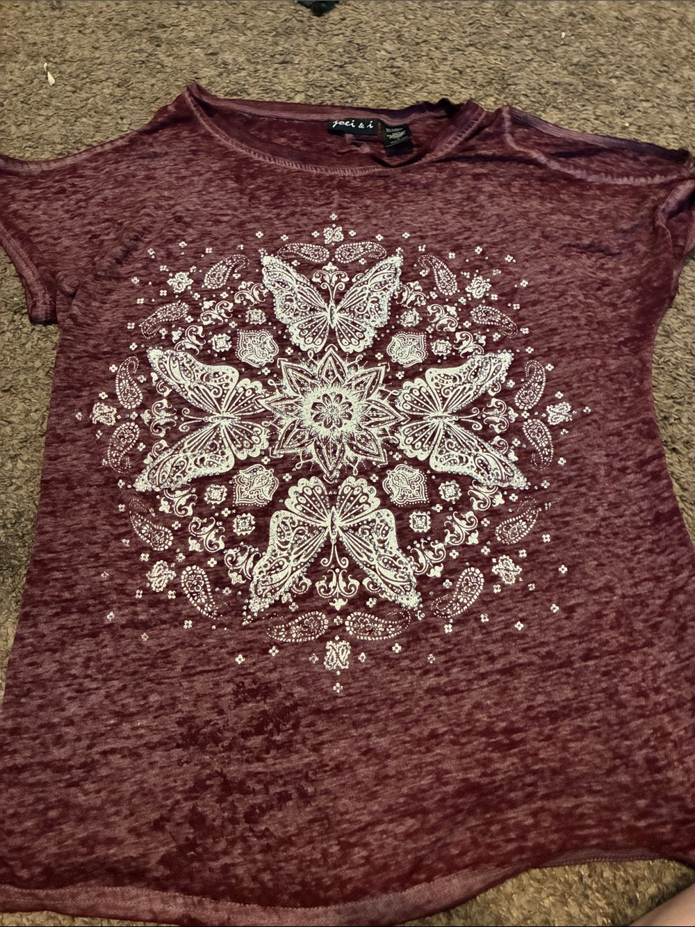 Women's Maroon Short Sleeve Tee with White Butterfly Mandala - soft jersey